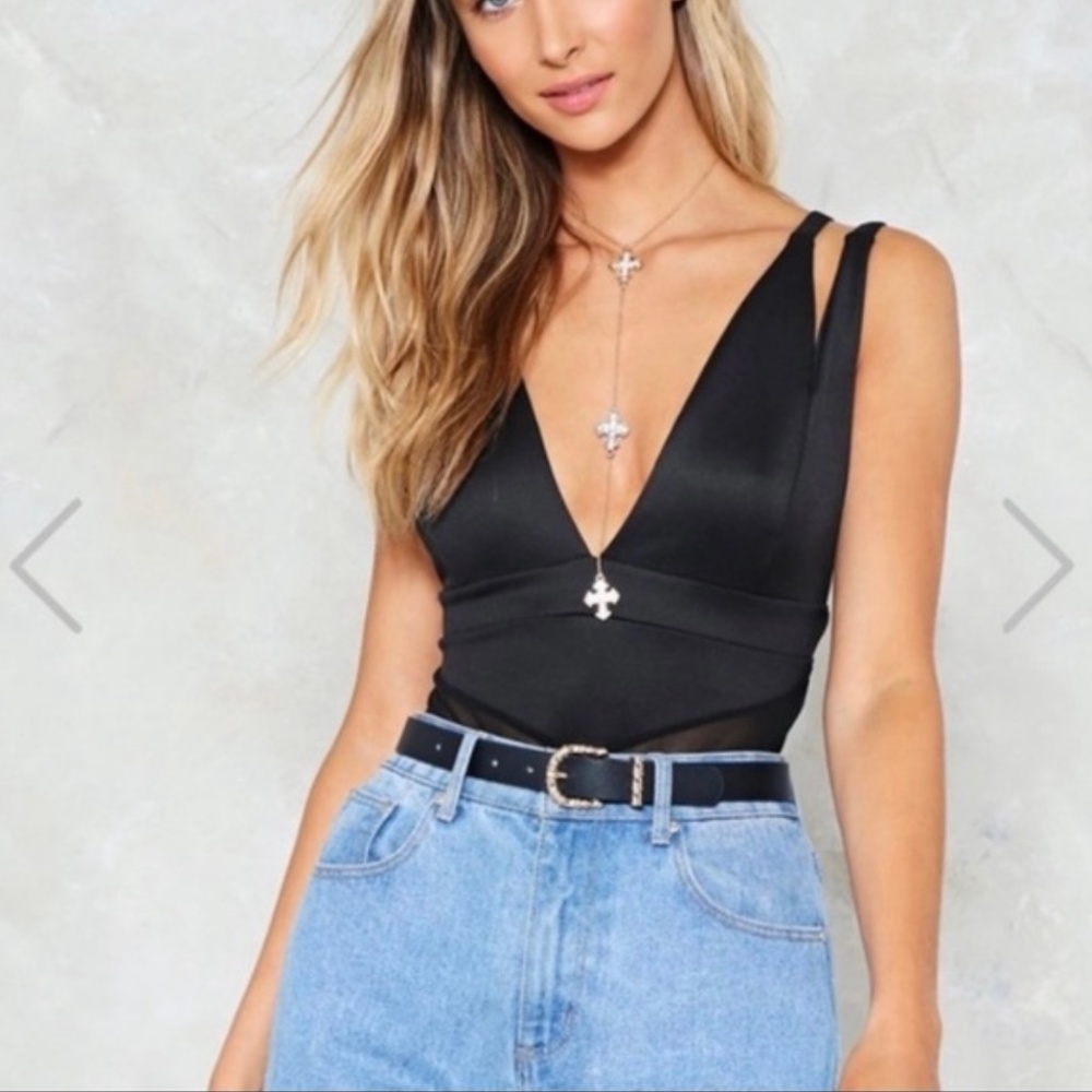 Nasty Gal Nastygal Mesh Cutout Sheer Double Plunge V Neck Bodysuit US 6 Small XS